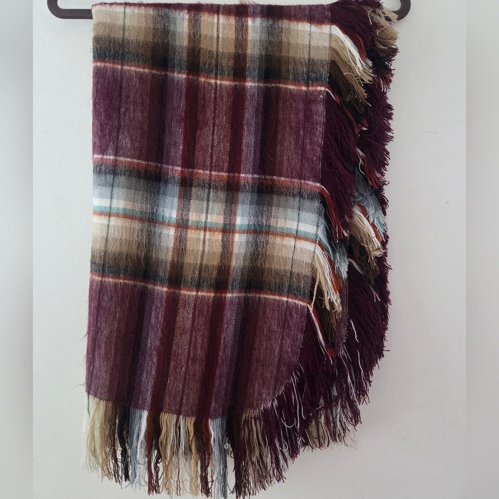 Plaid Alpaca Wool Fringe Hem Burgundy Plaid Wrap
